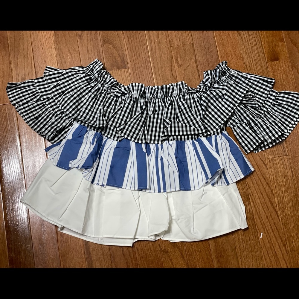 Layered Ruffle Off the Shoulder Gingham Mixed Pattern Top Size Small - Picture 3 of 4